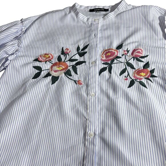 Sugar Lips Long Puff Sleeve Embroidered White with Stripe Button Down Shirt M - Picture 8 of 16